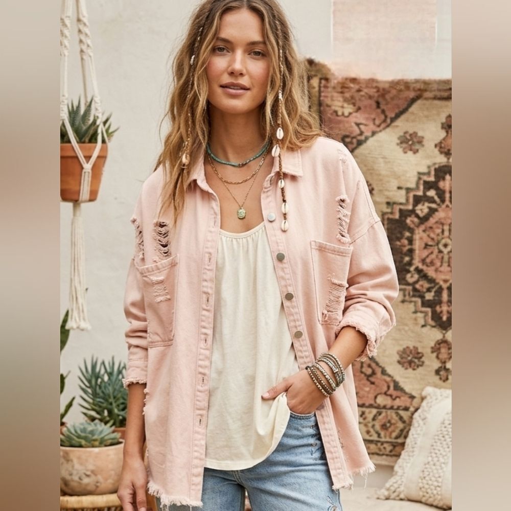 POL Distressed Light Pink Denim Shacket
